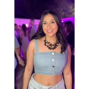 SUGARLIPS Roslyn Denim Wash Stretchy Button Down Sleeveless Summer Crop Top